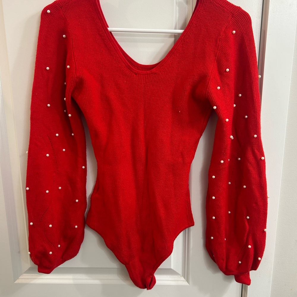 Red Pearl-Embellished Women's Top